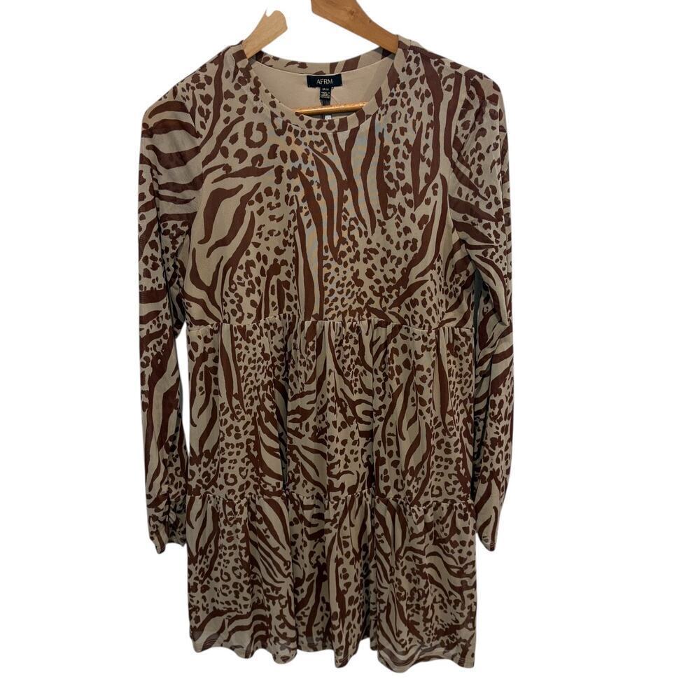 AFRM Babydoll Dress Animal Print Women's Medium Brown Long Sleeve Tiered